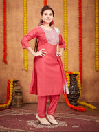 Aarika Girls Ethnic Wear Gajri Colour Sequin Thread Embroidery With Gota Work Silk Kurti Pant Set (8-16 Years)