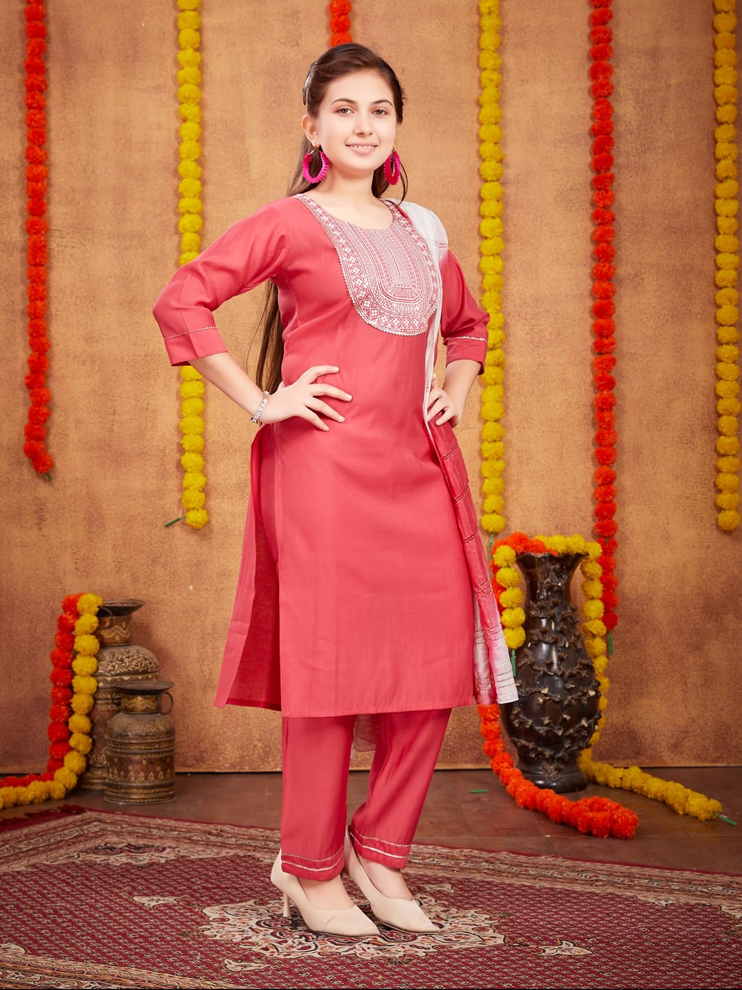 Aarika Girls Ethnic Wear Gajri Colour Sequin Thread Embroidery With Gota Work Silk Kurti Pant Set (8-16 Years)
