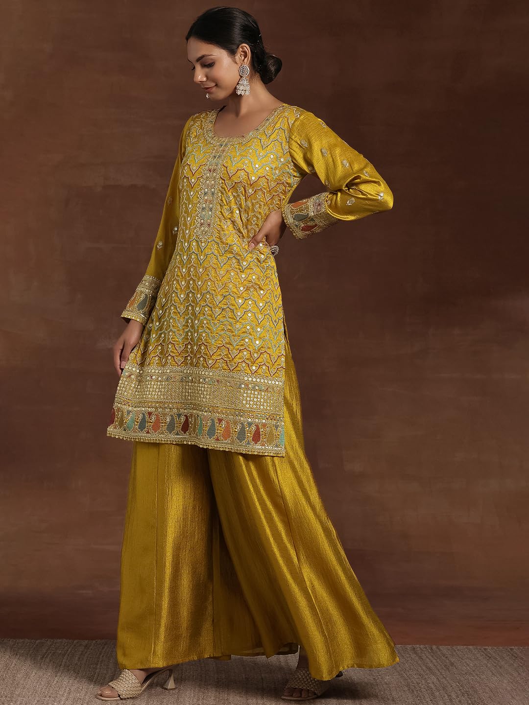 Libas Womens Embroidered Silk Blend Straight Kurta With Palazzos And Dupatta