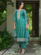Libas Womens Woven Design Silk Blend Straight Kurta With Palazzos And Dupatta
