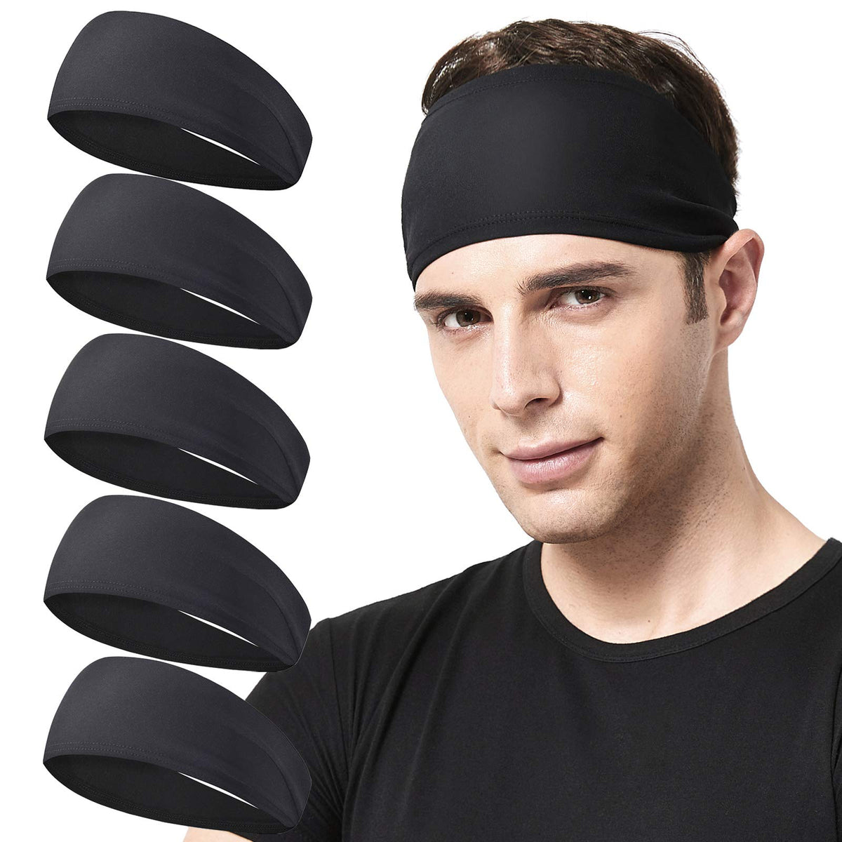 Acozycoo Mens Running Headband,5Pack,Mens Sweatband Sports Headband For Running,Cycling,Basketball,Yoga,Fitness Workout Stretchy 19.6-23.6