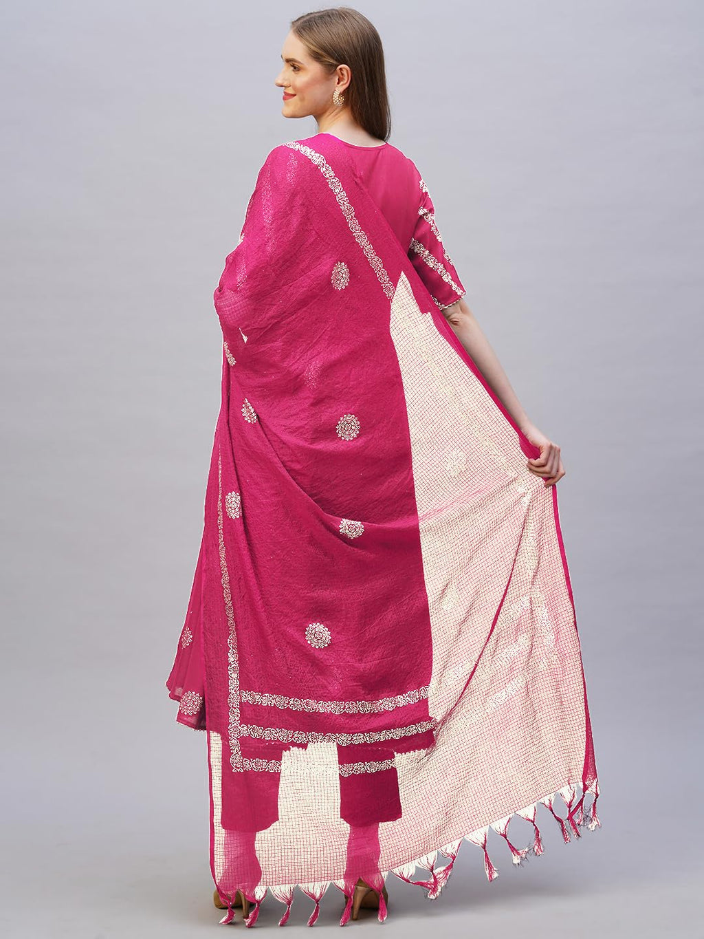 ANNI DESIGNER Women s Anarkali Printed Rayon Blend Kurta with Pants and Dupatta, Pink, XL