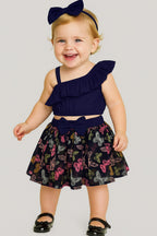 A.T.U.N. (ALL THINGS UBER NICE) Baby Girls One Shoulder Crop Top with Printed Skirt & Matching Headband | 3 Piece Outfit Set