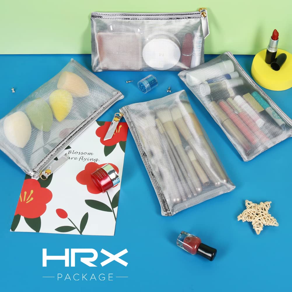 HRX Package Nylon Mesh Cosmetic Zipper Bags, Metallic Silver Makeup Pouches Travel Organizer Case for Purse Diaper Bag (4PCS)