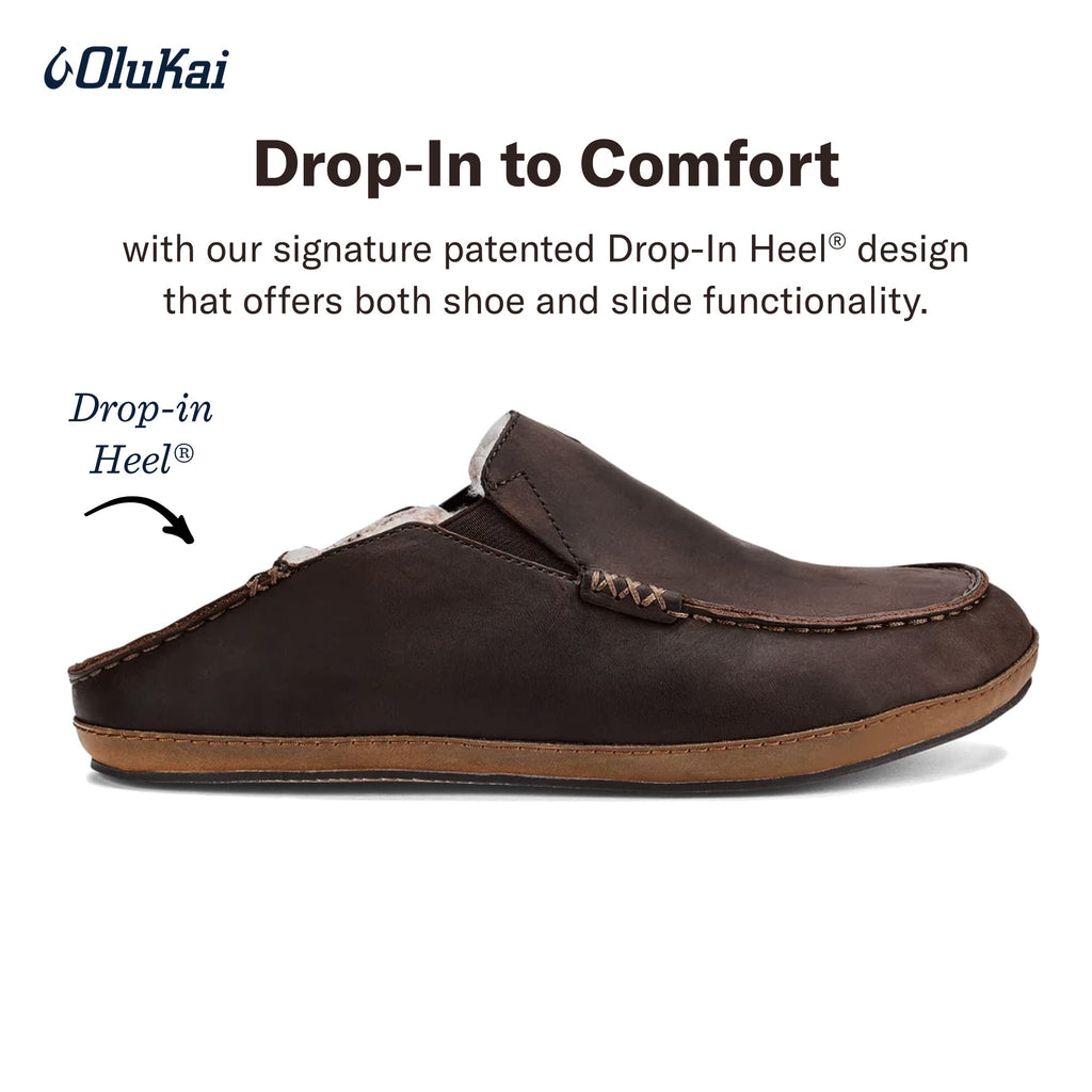 OLUKAI Moloa Slipper Men's Slippers, Premium Nubuck Leather Slip On Shoes, Shearling Lining & Gel Insert, Drop-In Heel Design, D