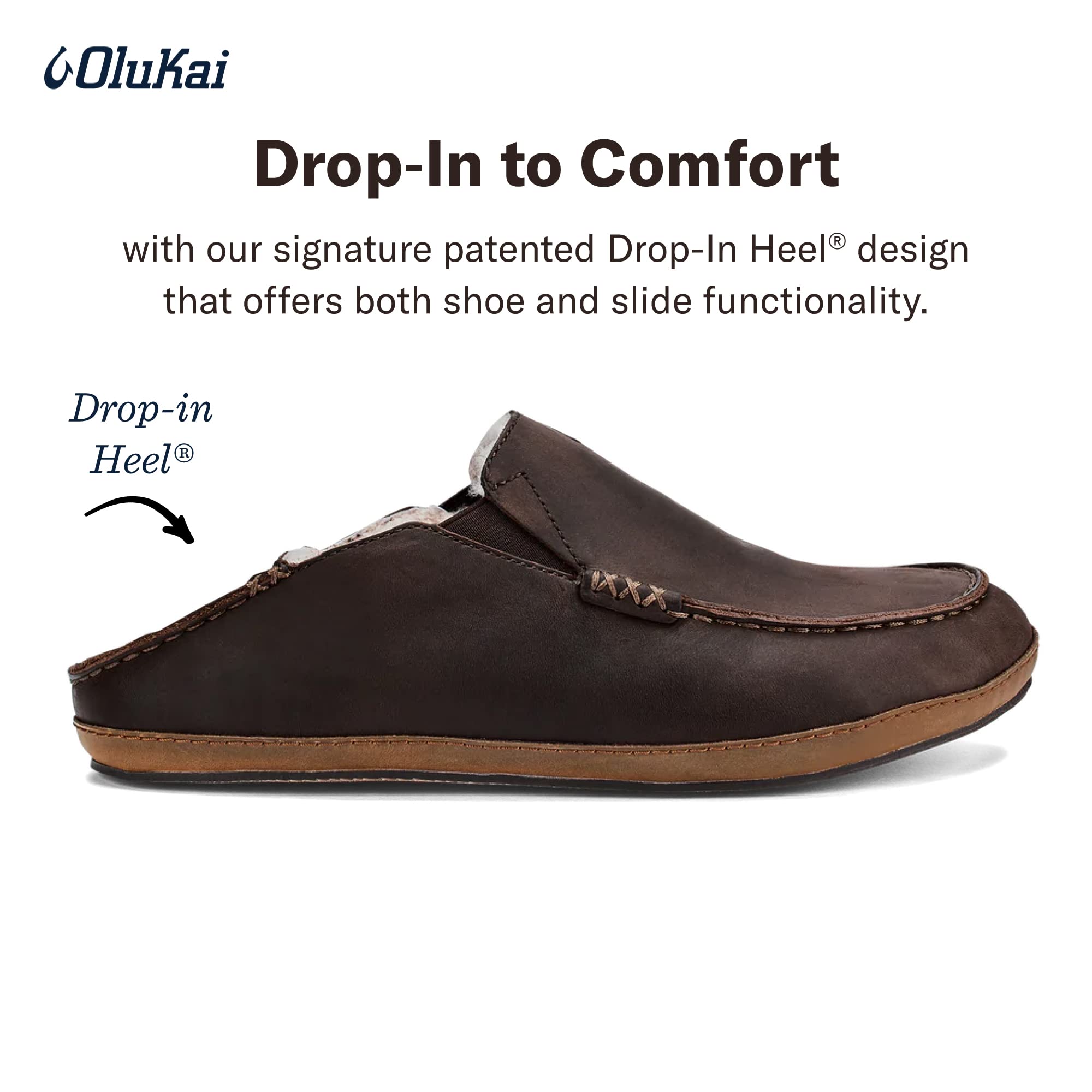 OLUKAI Moloa Slipper Men's Slippers, Premium Nubuck Leather Slip On Shoes, Shearling Lining & Gel Insert, Drop-In Heel Design, D