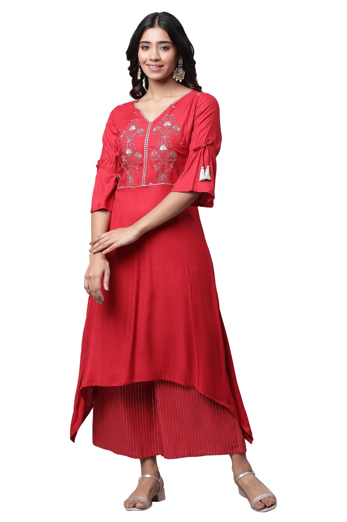 Aurelia Women Red Viscose Asymmetrical Kurta, Palazzos Suit Set
