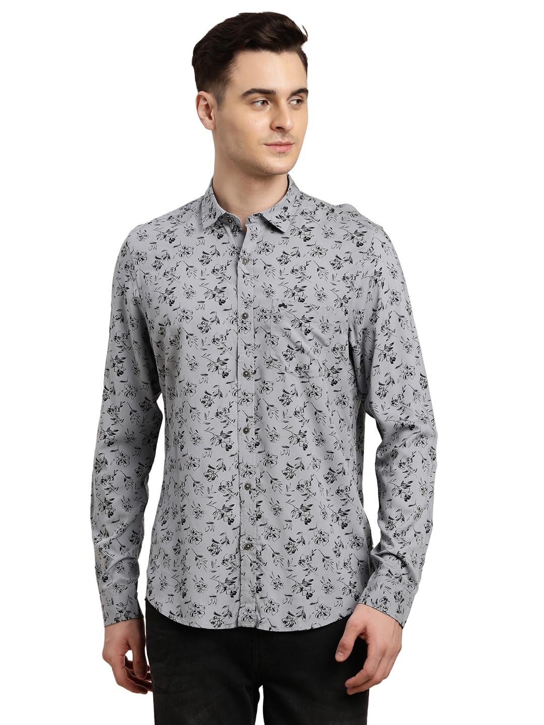 Turtle Men 100% Viscose Grey Printed Slim Fit Casual Shirt