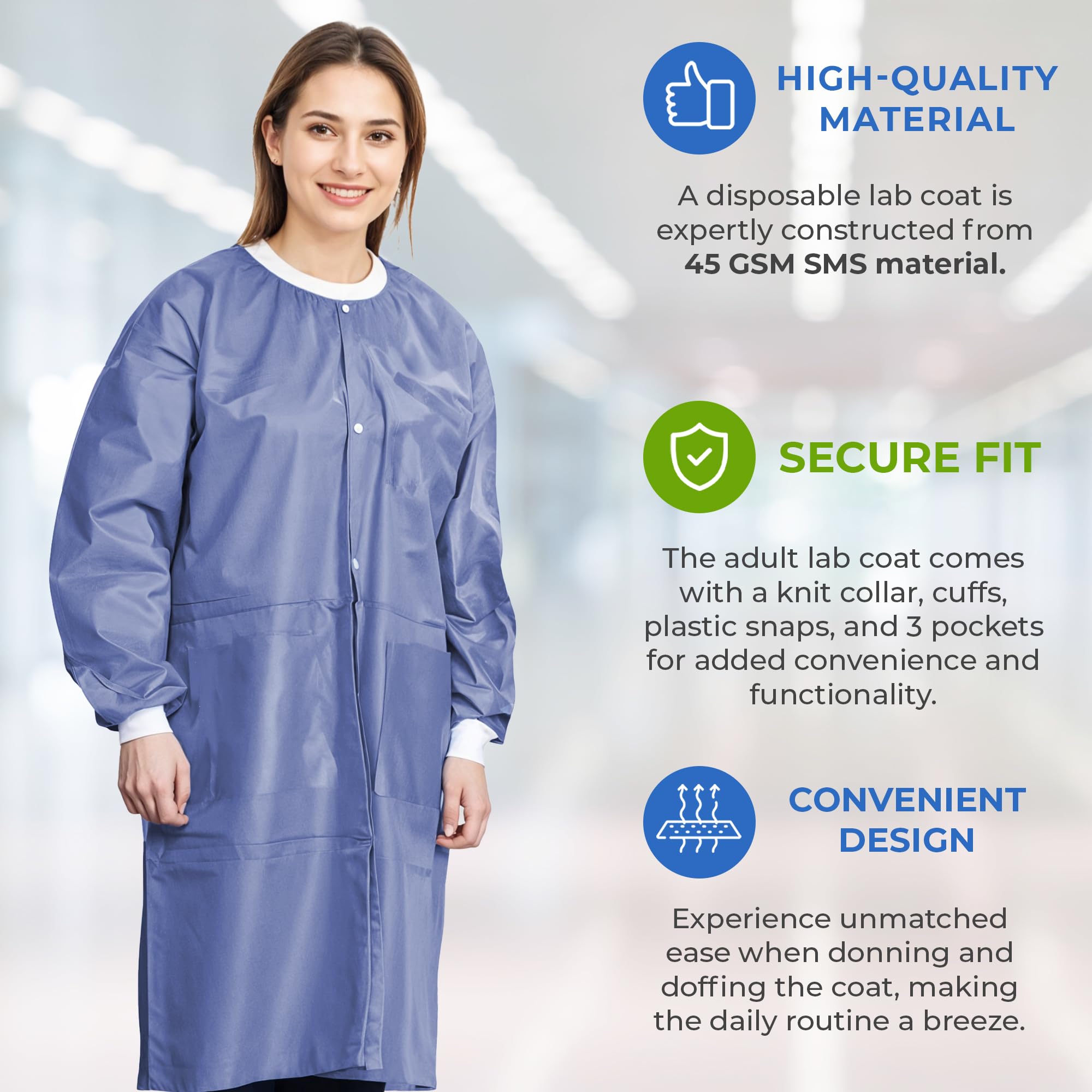 AMZ Medical Supply Disposable Lab coat XX-Large, Pack of 50 Blueberry Disposable Lab coats for Adults, 45 gsm SMS Painting Lab c