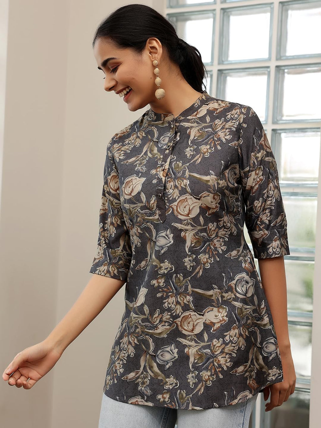 Libas WomenS Silk Blend Printed Straight Kurtis (58162O_Grey