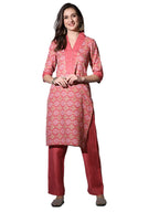 Greciilooks Womens Cotton Casual Regular Fit Kurta Pant Set (Pink, Small)