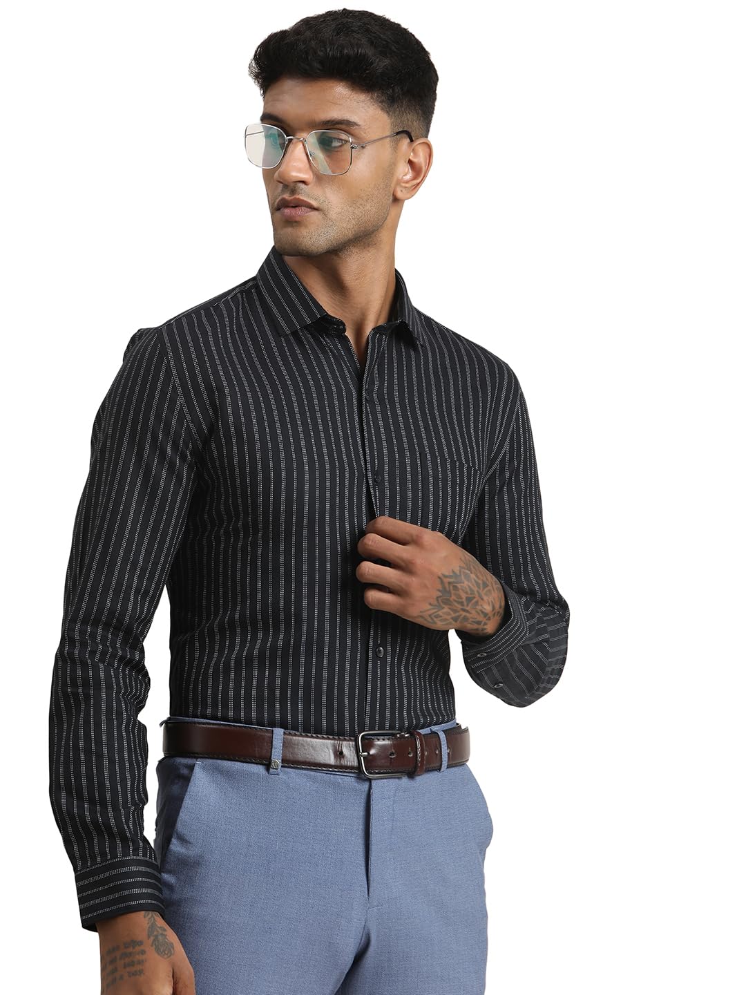Turtle Men Pure Cotton Slim Fit Striped Black Formal Shirt