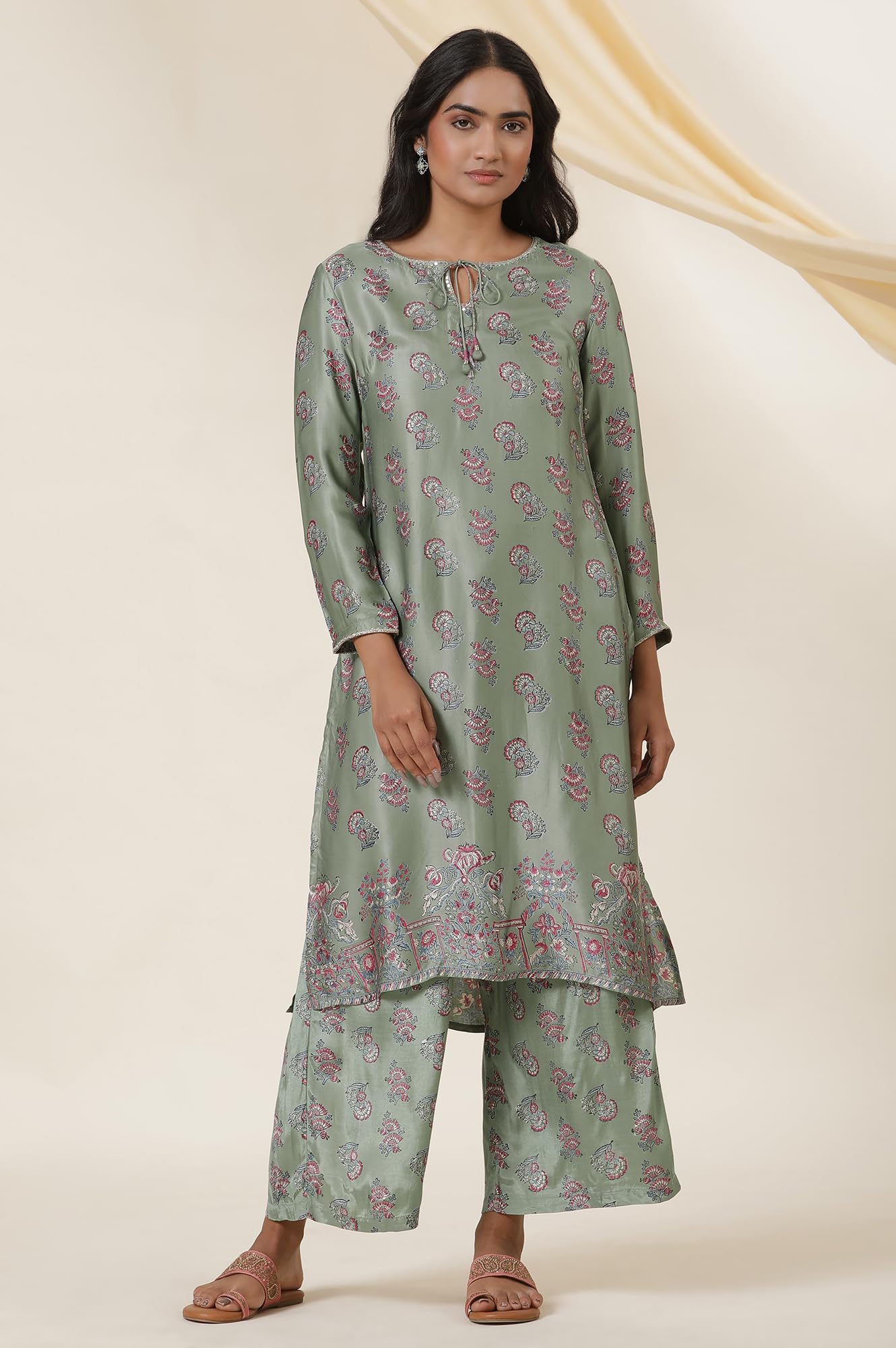 W For Woman Folksong Green Festive Printed Viscose A-Line Kurta