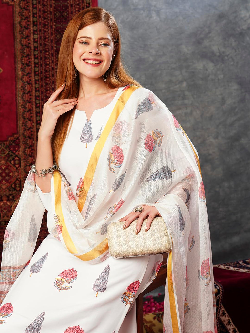 GoSriKi Women s Cotton Blend Printed Straight Kurta with Trousers and Dupatta
