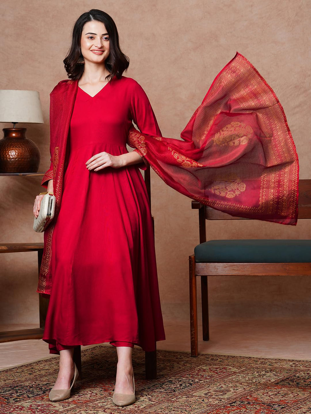 ANNI DESIGNER Women s Cotton Blend Kurta Set, Red, Small