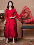 ANNI DESIGNER Women s Cotton Blend Kurta Set, Red, Small