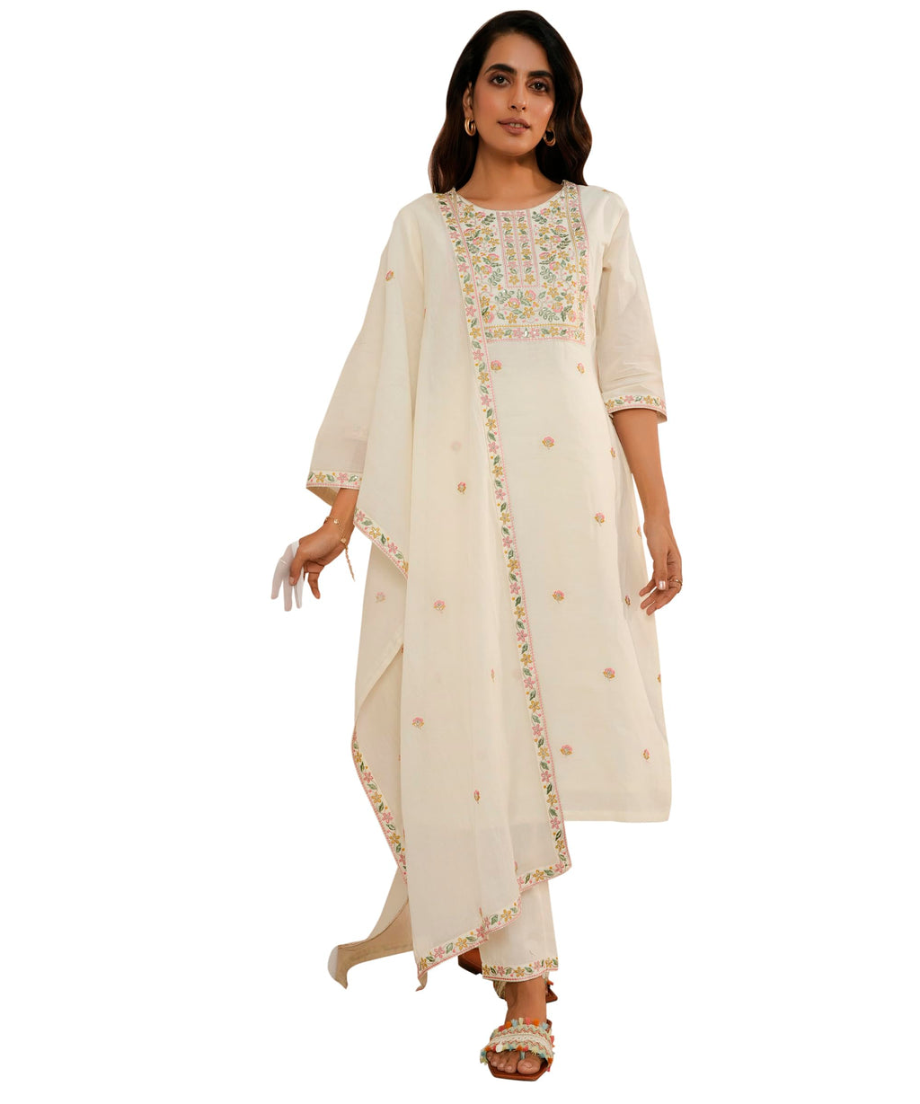 Libas Womens Yoke Design Cotton Straight Kurta With Trousers And Dupatta