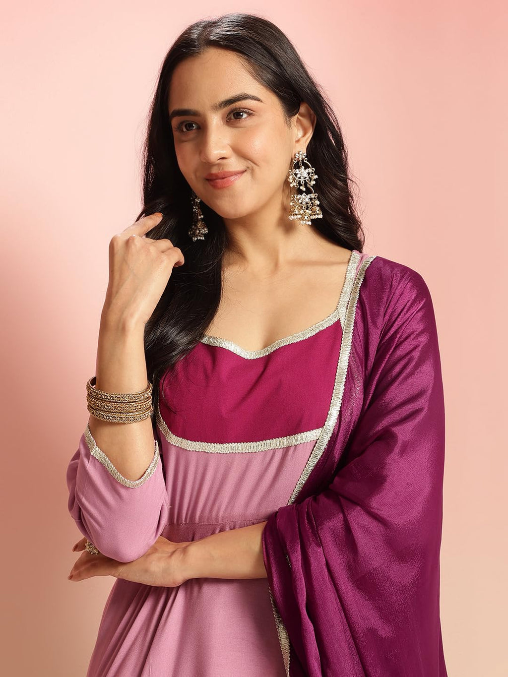 ANNI DESIGNER Anarkali Women s Plain Viscose Kurta with Trousers and Dupatta, lavender, 2XL