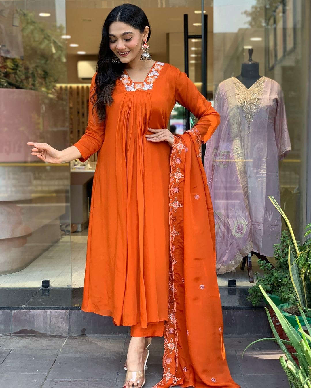 GoSriKi Anarkali Women s Rayon Blend Work Kurta with Trousers and Dupatta