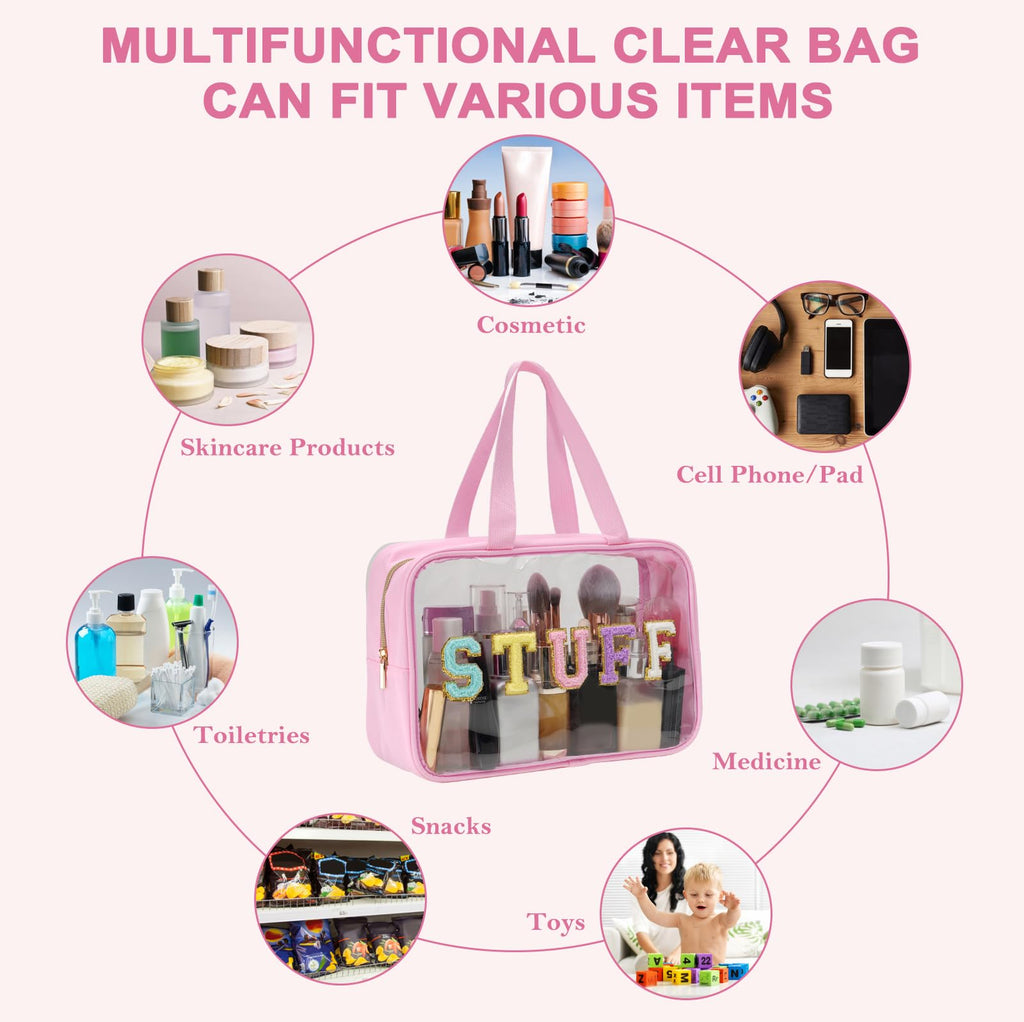 Yowivon Clear Stuff Tote Bag Pink Big Travel Cosmetic Makeup Toiletry Bag with Handle and Zipper, Transparent Waterproof Beach S