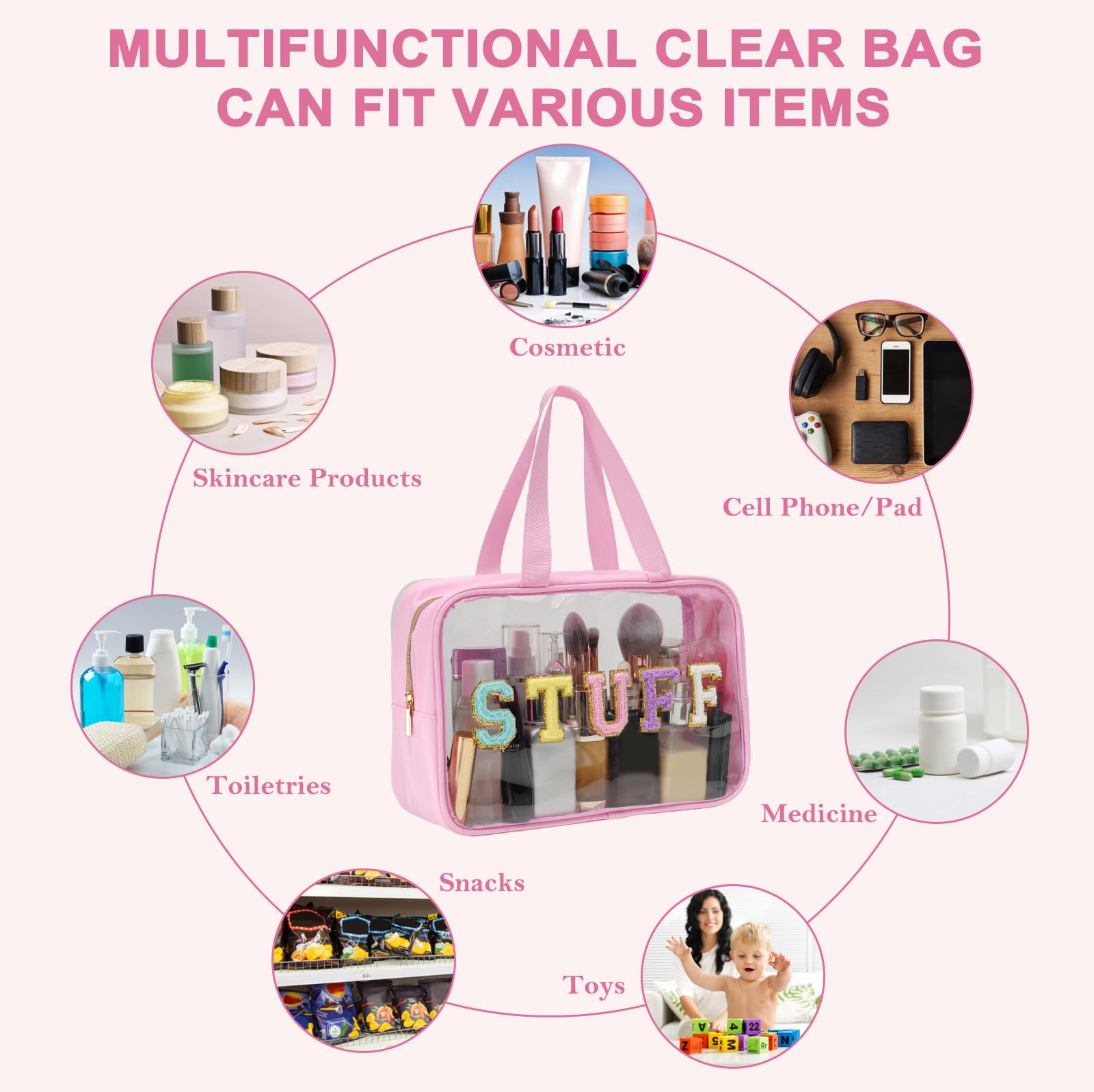 Yowivon Clear Stuff Tote Bag Pink Big Travel Cosmetic Makeup Toiletry Bag with Handle and Zipper, Transparent Waterproof Beach S