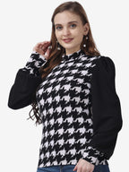 POPWINGS Casual Printed Solid Top for Women || Long Puff-Sleeves Women Top || Round-Neck Top for Women || Stylish Latest Western