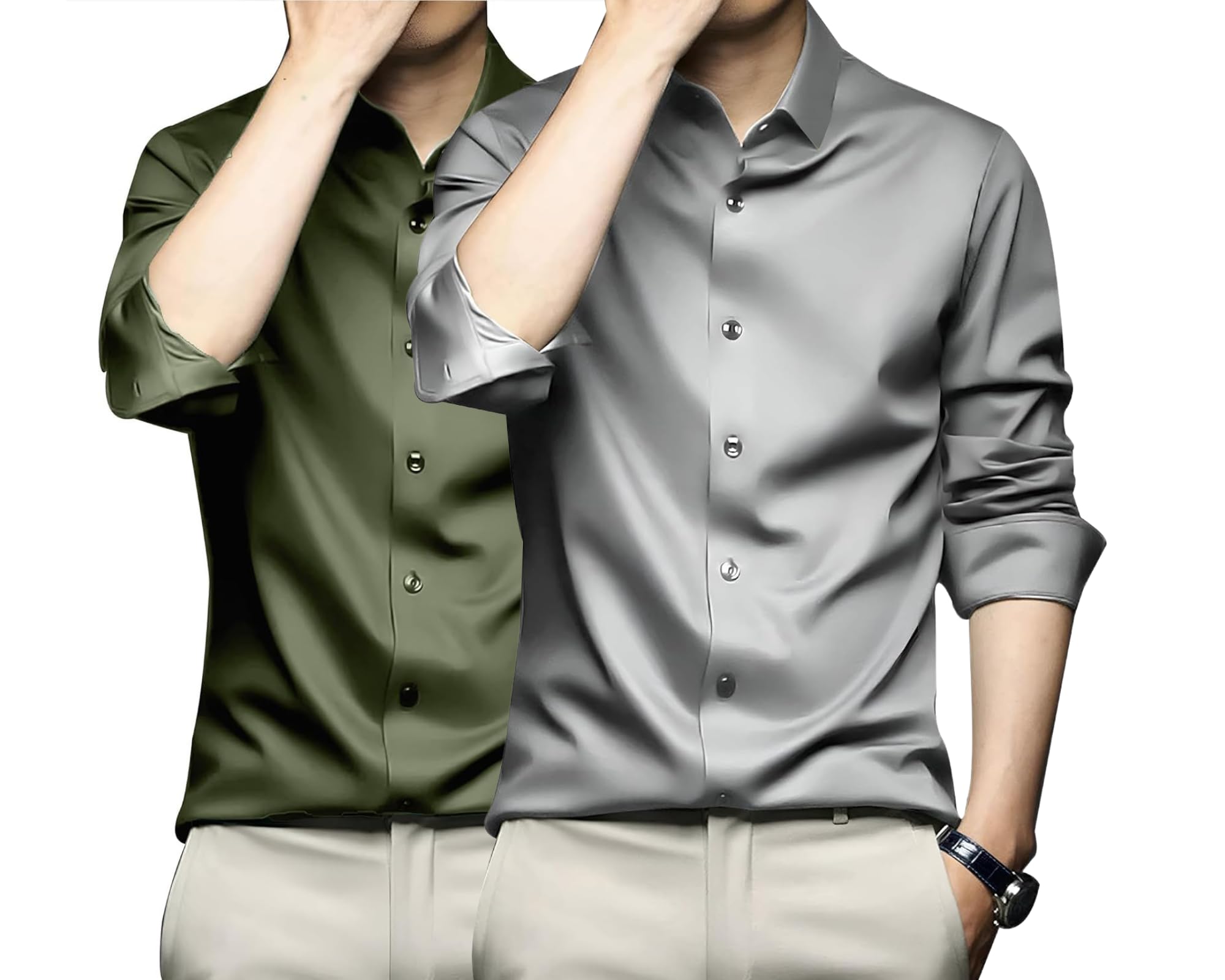 Deelmo Combo Of MenS Stylish Solid Satin Casual Shirt For Men Full Sleeves| Poly Satin Silk Shirt Pack Of 2