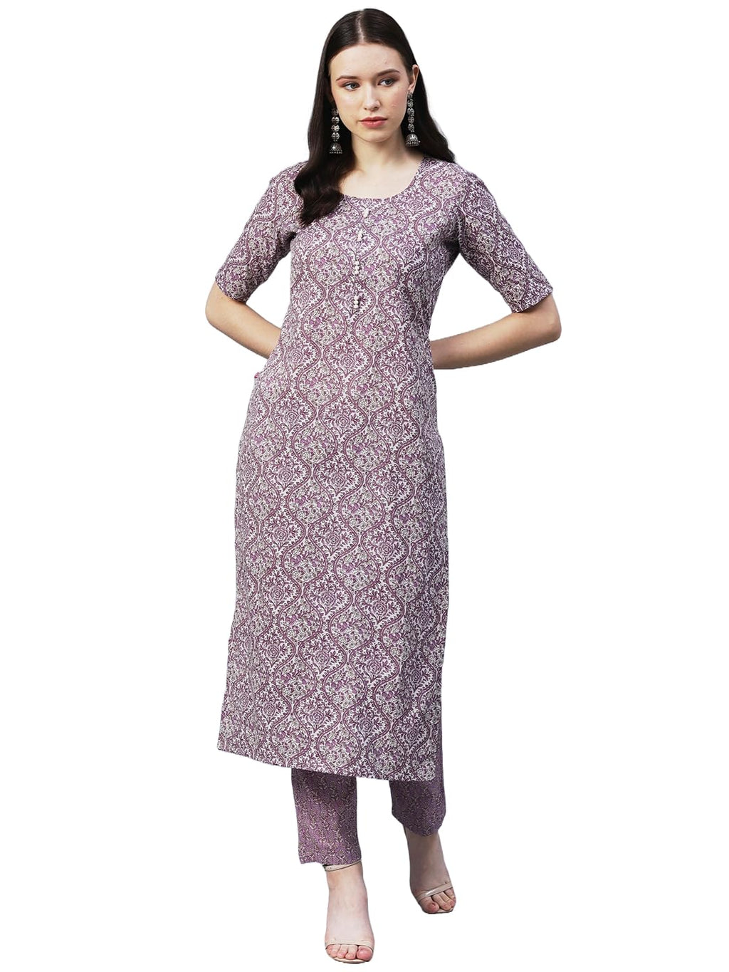 ANNI DESIGNER Womens Cotton Blend Straight Floral Printed Kurta and Pant (BATAKLI-Purple-SM_XL_ Purple_X-Large)
