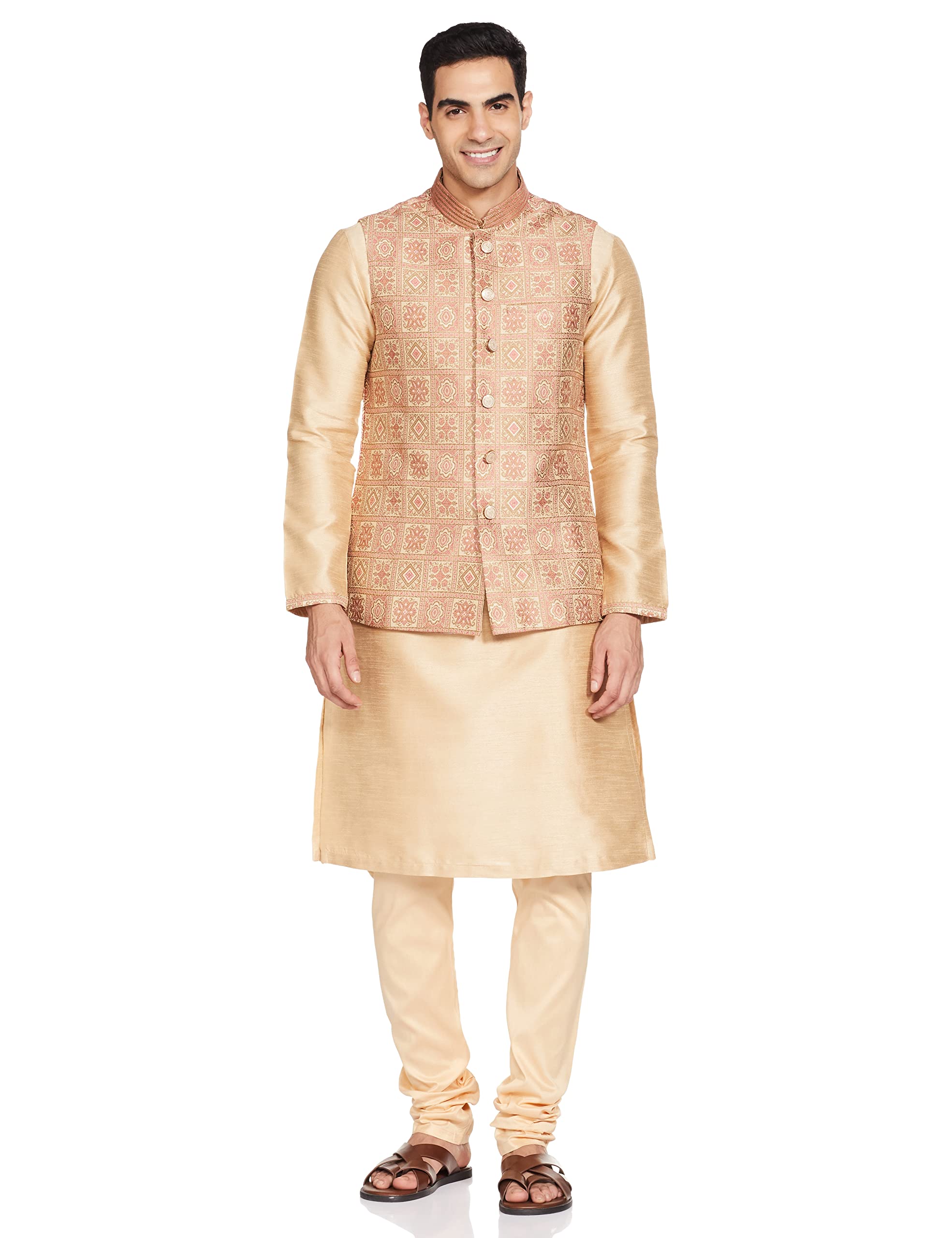 Manyavar MenS Art Silk Regular Kurta Paired With Churidar And Nehru Jacket (Jast061-311_Peach Beige_S)