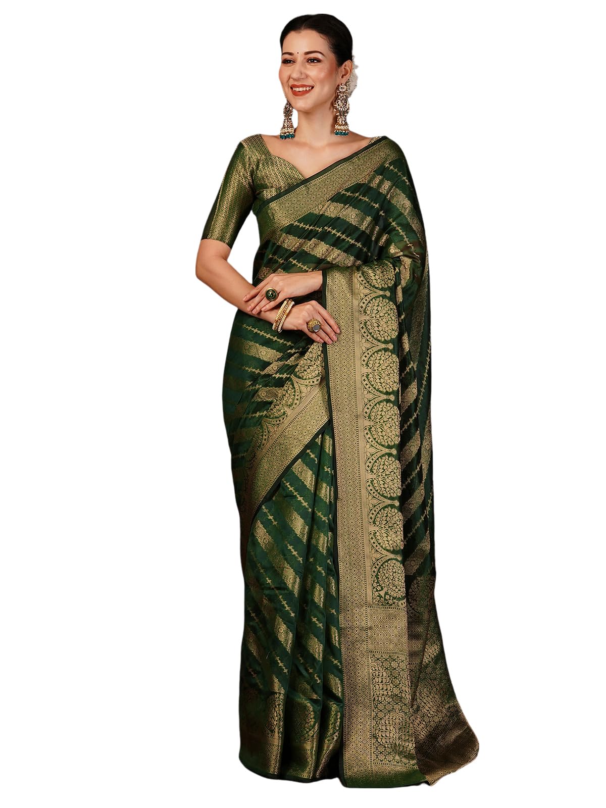 Satrani Womens Banarasi Jacquard Kanjivaram Silk Blend Saree with Unstitched Blouse Piece (3749S473N_Dark Green & Golden1)