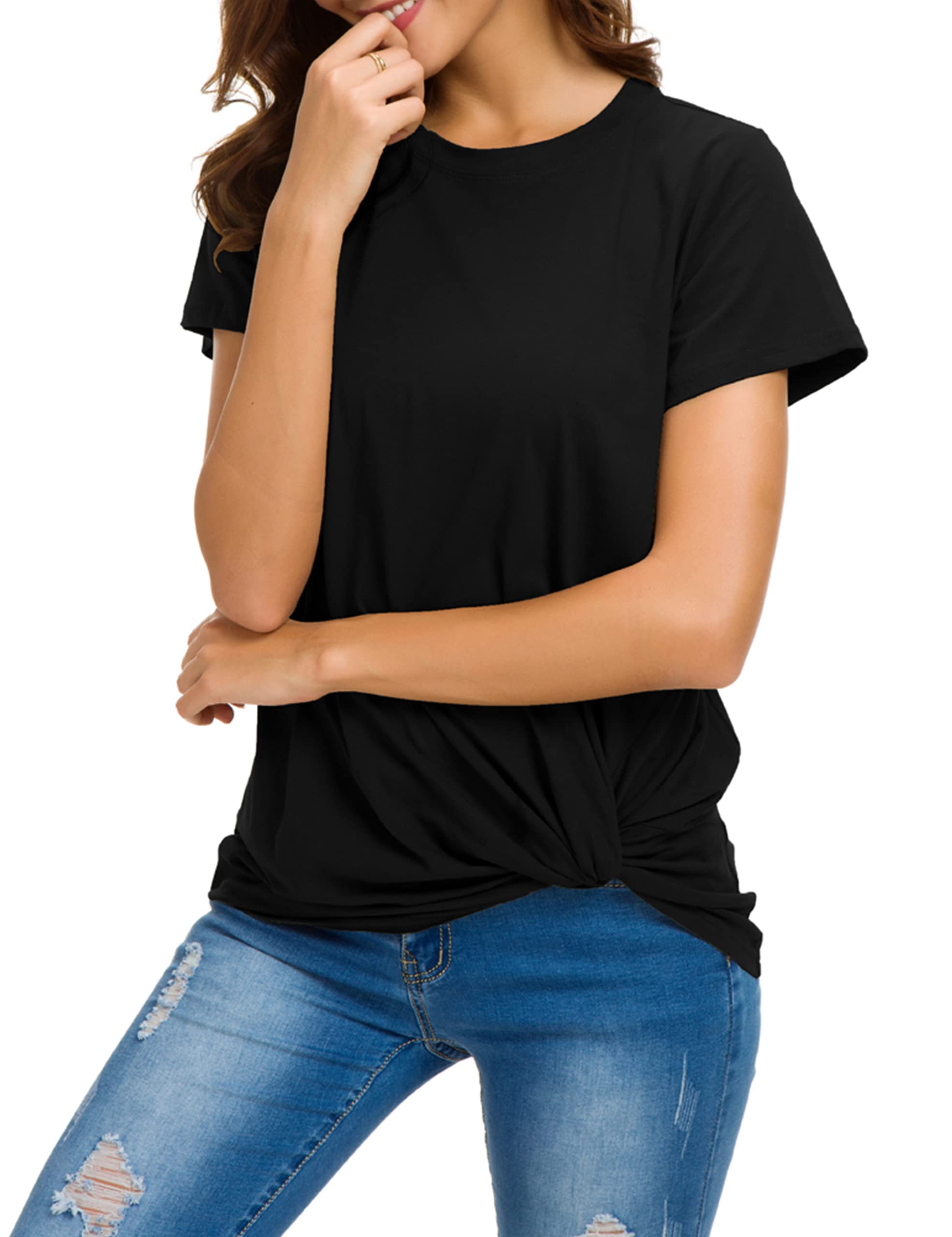 MSHING Women Casual Round Neck Short Sleeve Tie Up Blouse Comfortable Cotton Basic Tops, Black, Medium