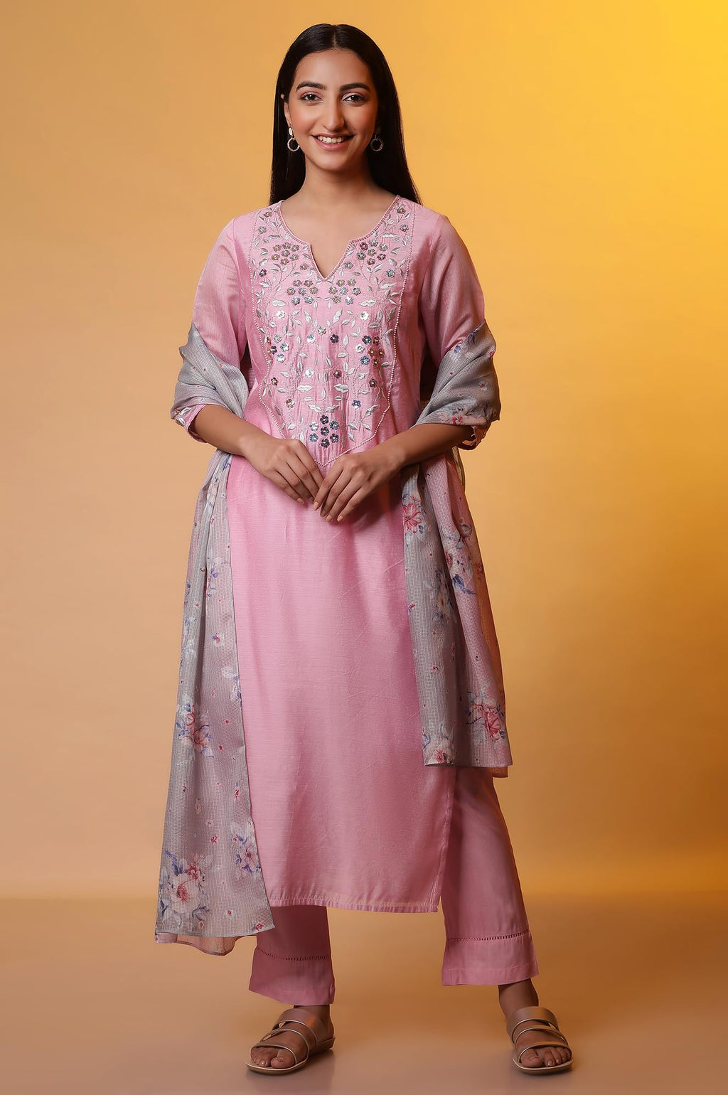 Aurelia Pink Embroidered Festive Kurta, Trousers And Dupatta Set