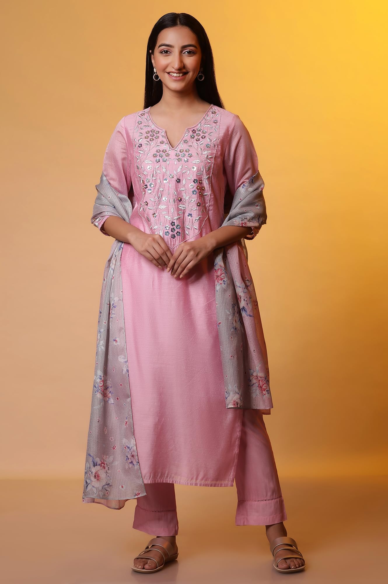 Aurelia Pink Embroidered Festive Kurta, Trousers And Dupatta Set
