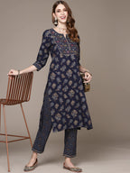 Anubhutee Women'S Cotton Navy Blue Ethnic Motifs Printed Straight Kurta Suit Set With Pants