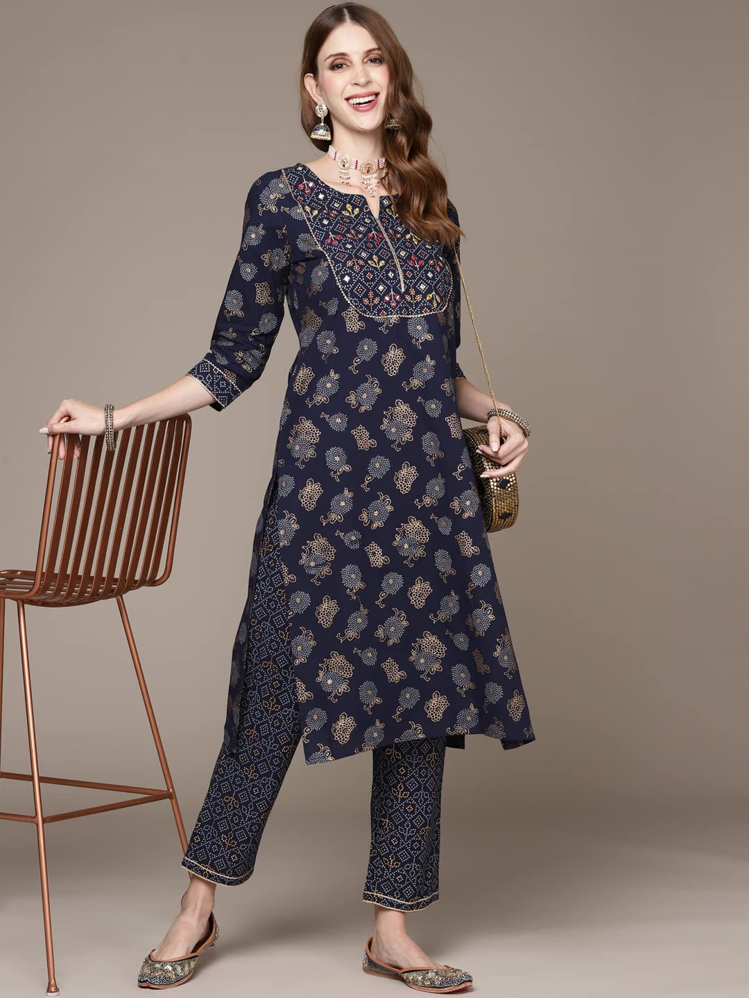 Anubhutee Women'S Cotton Navy Blue Ethnic Motifs Printed Straight Kurta Suit Set With Pants