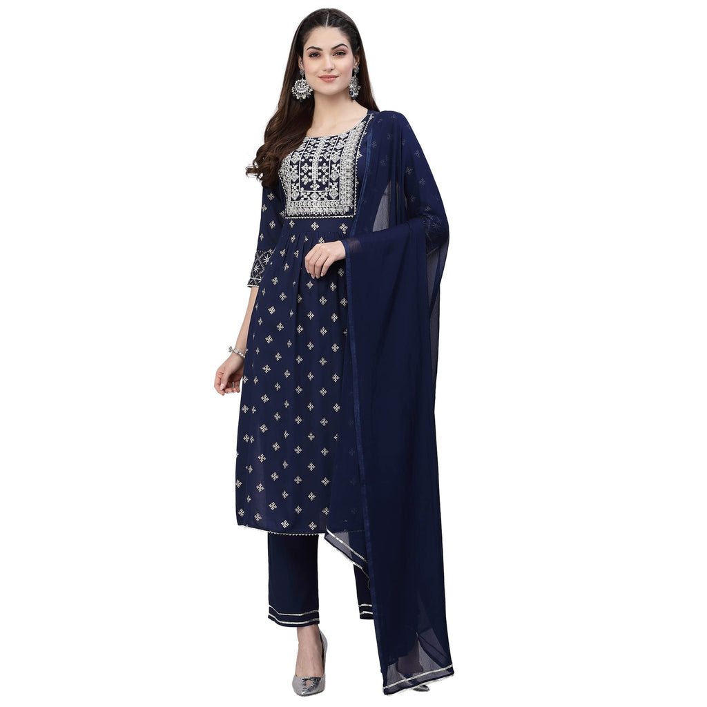 Stylum Women'S Printed & Embroidered Rayon Straight Kurta Pant Dupatta Set (Kpdocean36_Navy Blue, S)