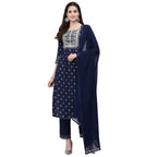 Stylum Women'S Printed & Embroidered Rayon Straight Kurta Pant Dupatta Set (Kpdocean36_Navy Blue, S)