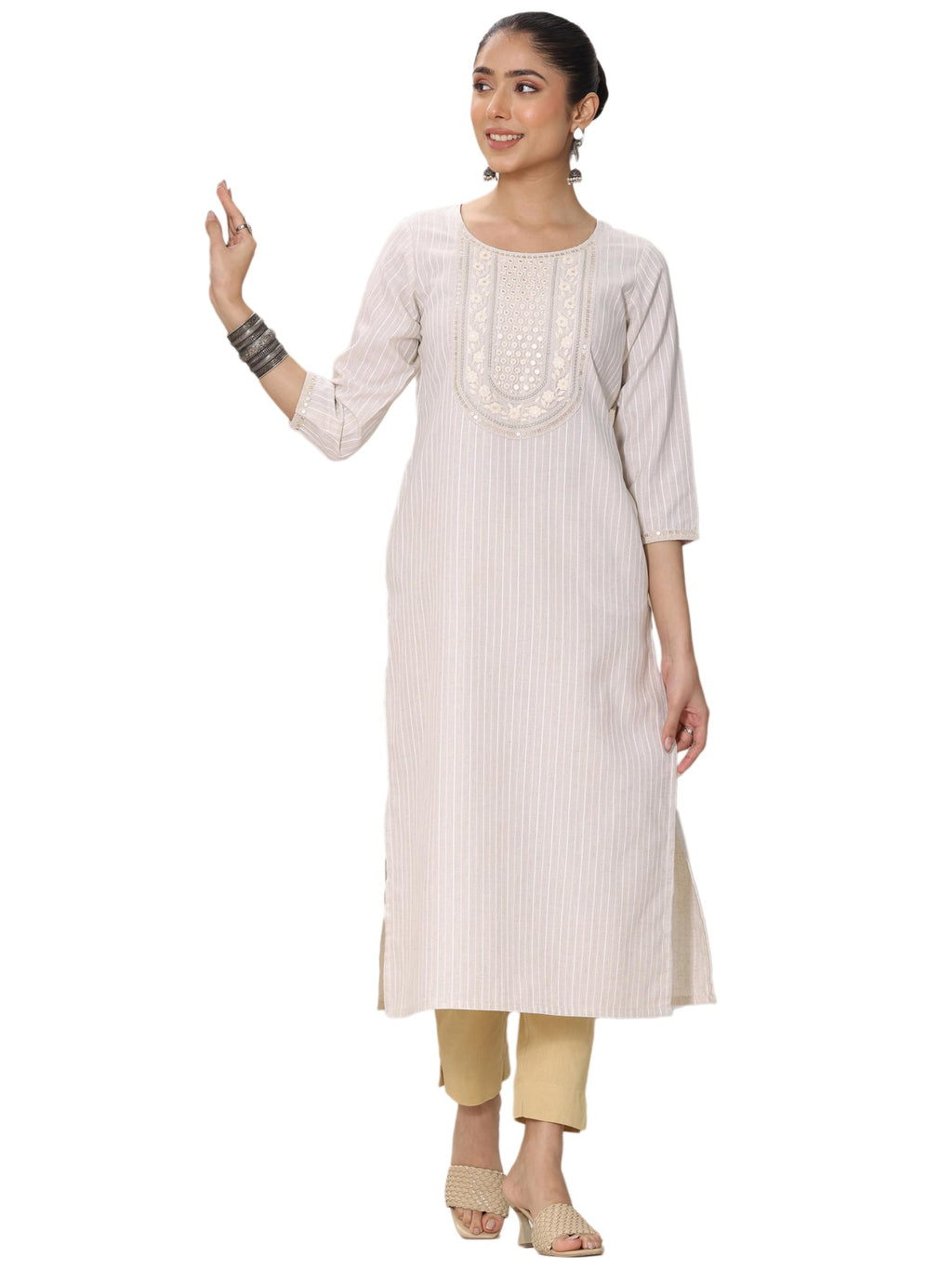Libas WomenS Cotton Blend Straight Kurtas (29468O_Off White_L)