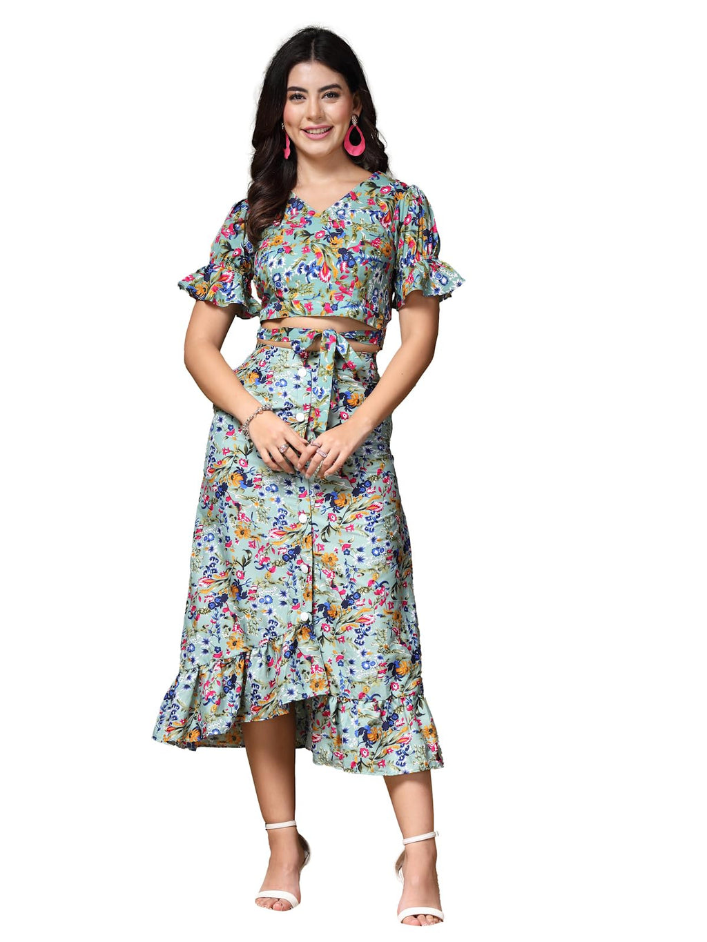 Oomph! Crepe Crop Top And Skirt Set For Women, Blue - Coord_Mt893Msk201