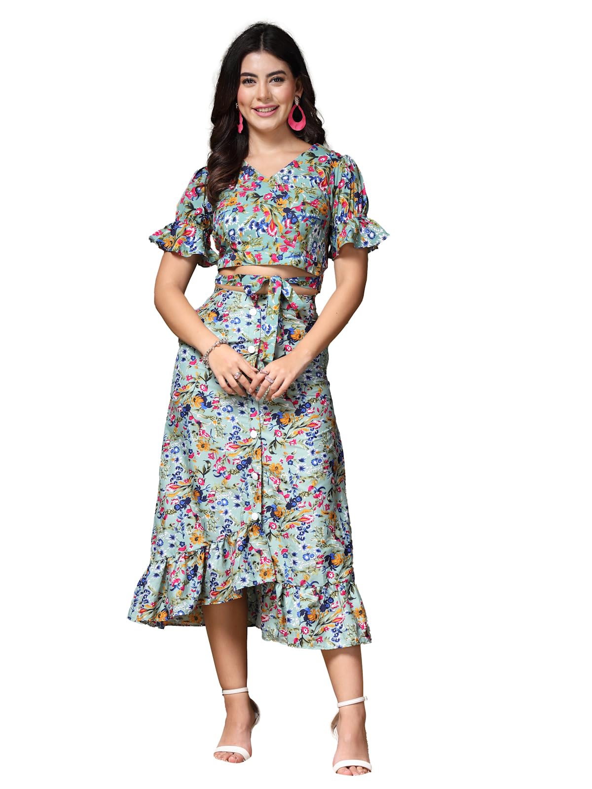 Oomph! Crepe Crop Top And Skirt Set For Women, Blue - Coord_Mt893Msk201