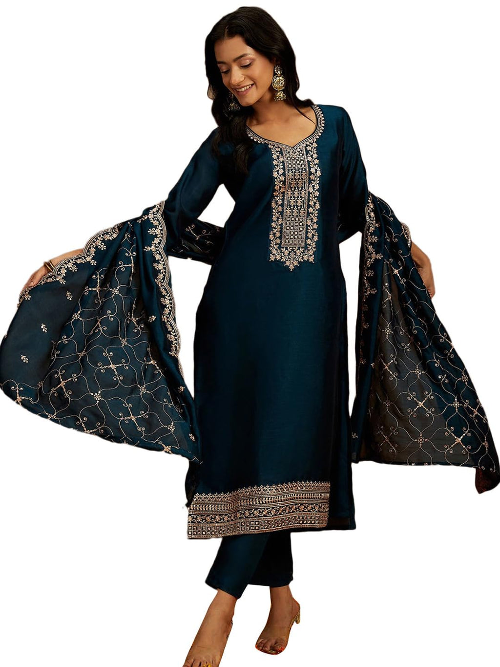 Libas Womens Silk Blend Kurta Sets (48168_Teal