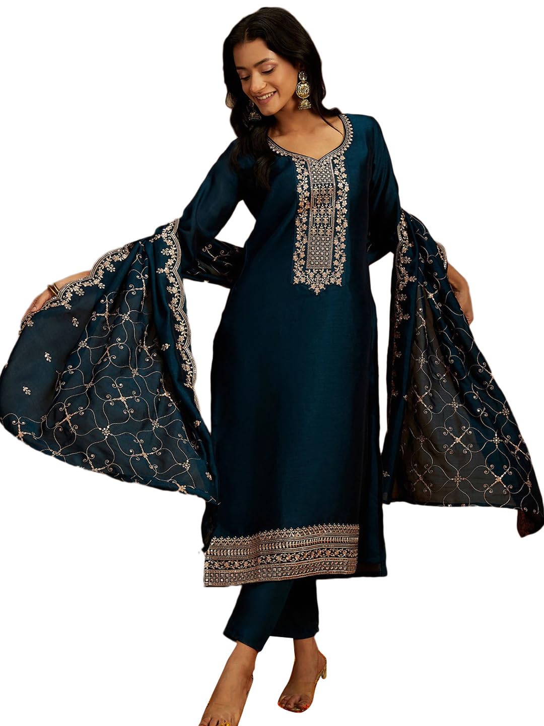 Libas Womens Silk Blend Kurta Sets (48168_Teal