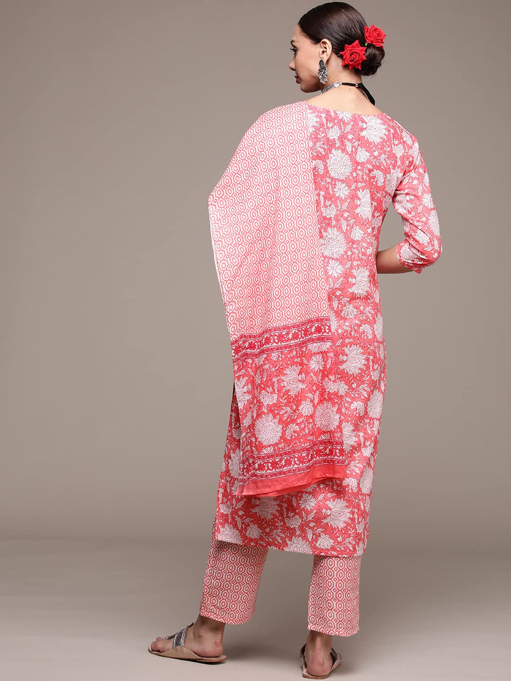 Anubhutee Women'S Cotton Pink Floral Printed Straight Kurta Suit Set With Pants And Dupatta