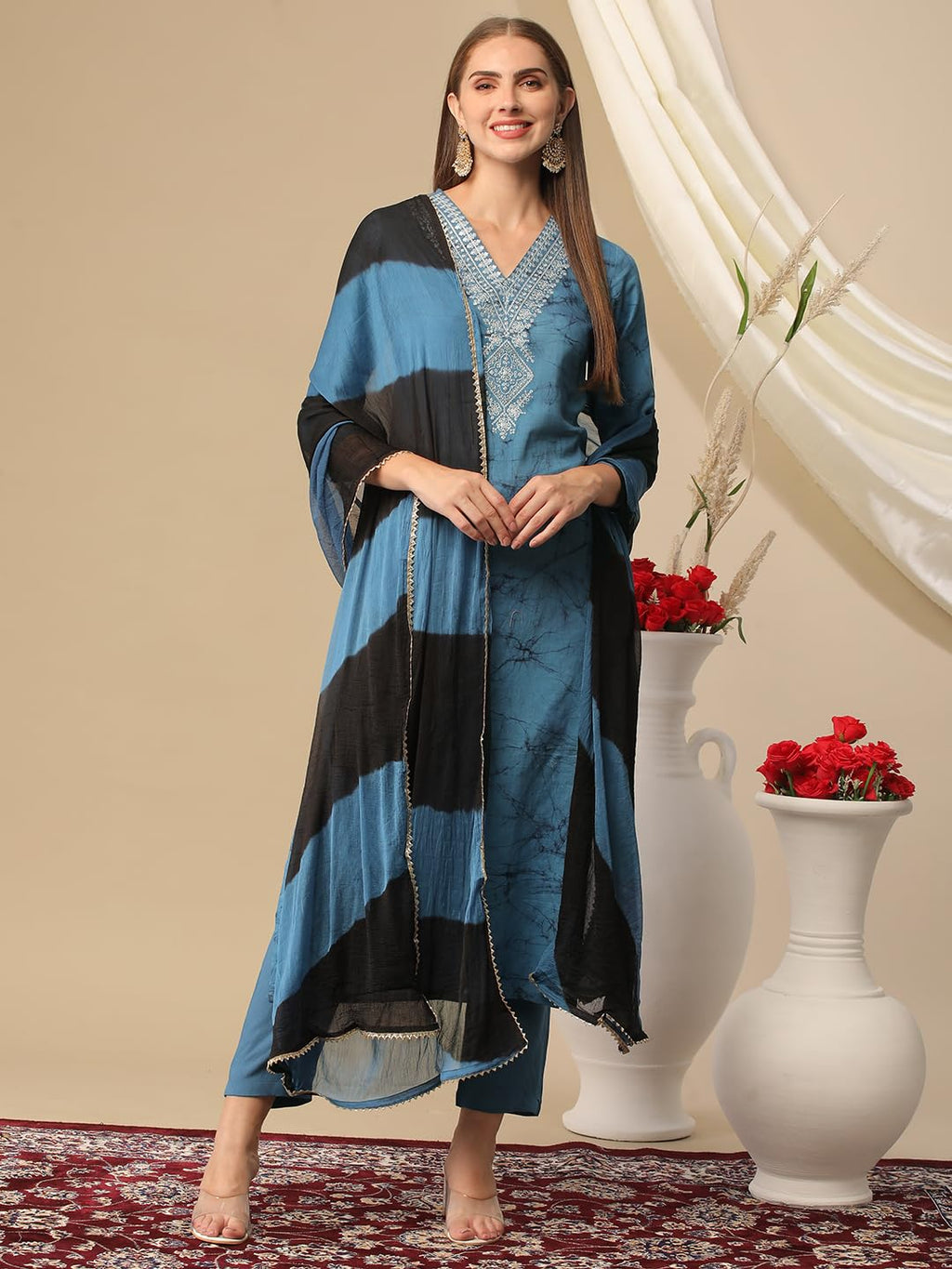 ANNI DESIGNER Ladies Cotton Blend Kurta Trousers with Dupatta Set, Light Brown::Blue, L