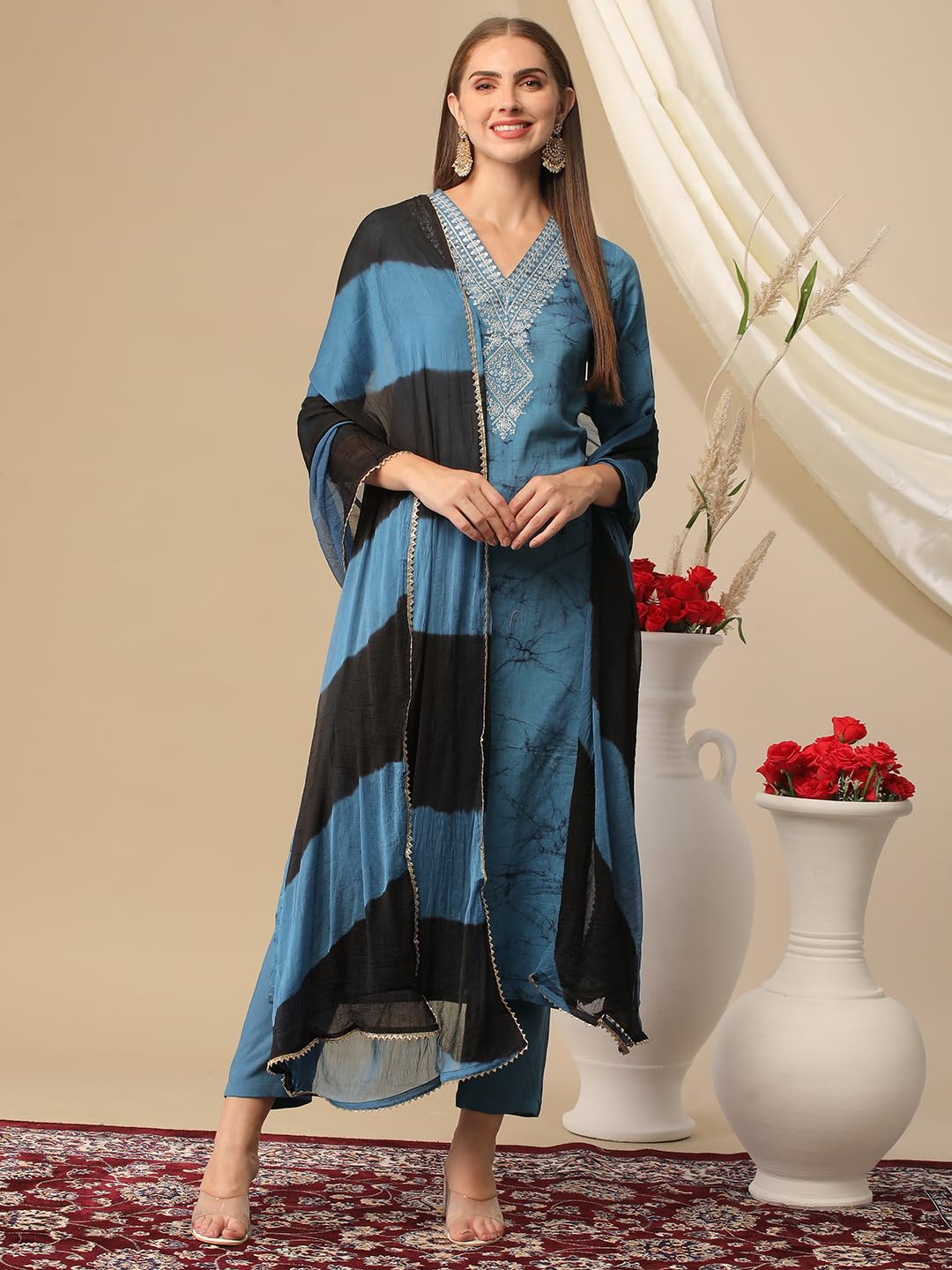 ANNI DESIGNER Ladies Cotton Blend Kurta Trousers with Dupatta Set, Light Brown::Blue, L