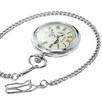 TREEWETO Mechanical Pocket Watches Silver Roman Numerals Open Face with Chain Men 24-Hour Moon Sun with Box