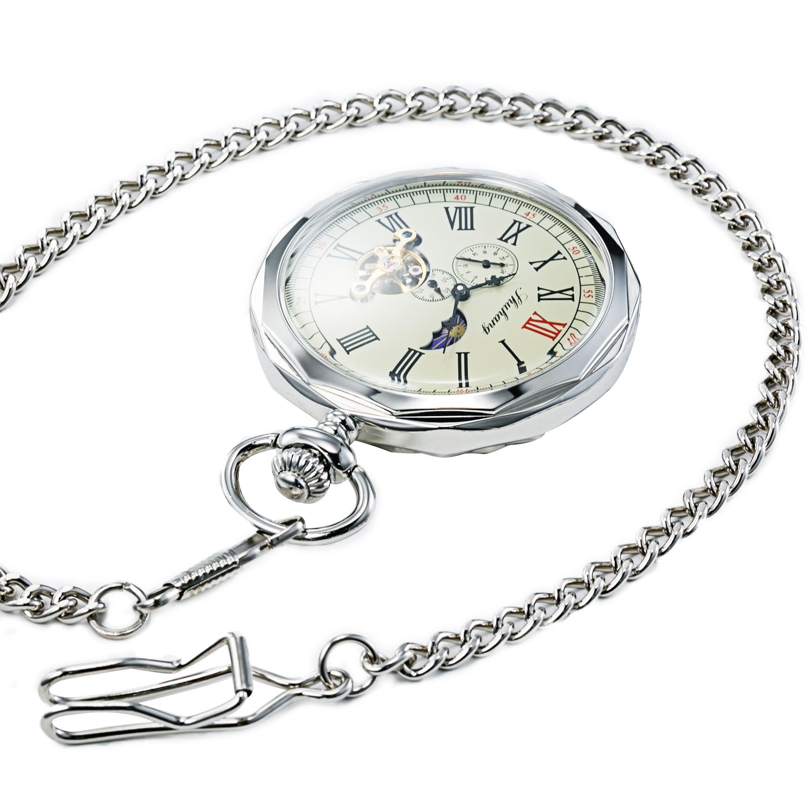 TREEWETO Mechanical Pocket Watches Silver Roman Numerals Open Face with Chain Men 24-Hour Moon Sun with Box