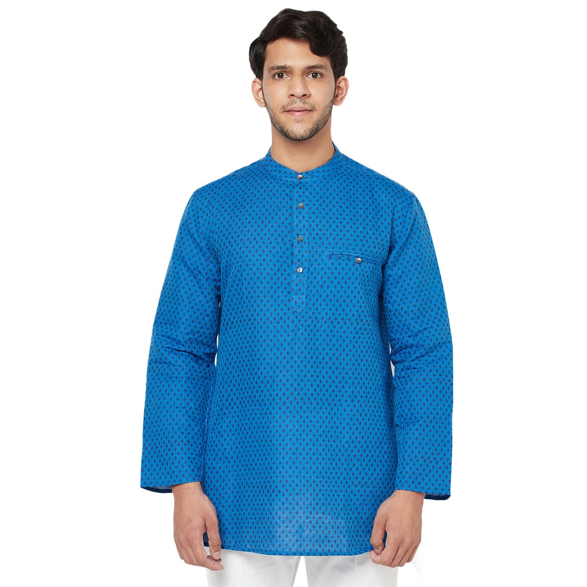 Fabindia MenS Linen Blend Printed Comfort Kurta_Dark Blue_S
