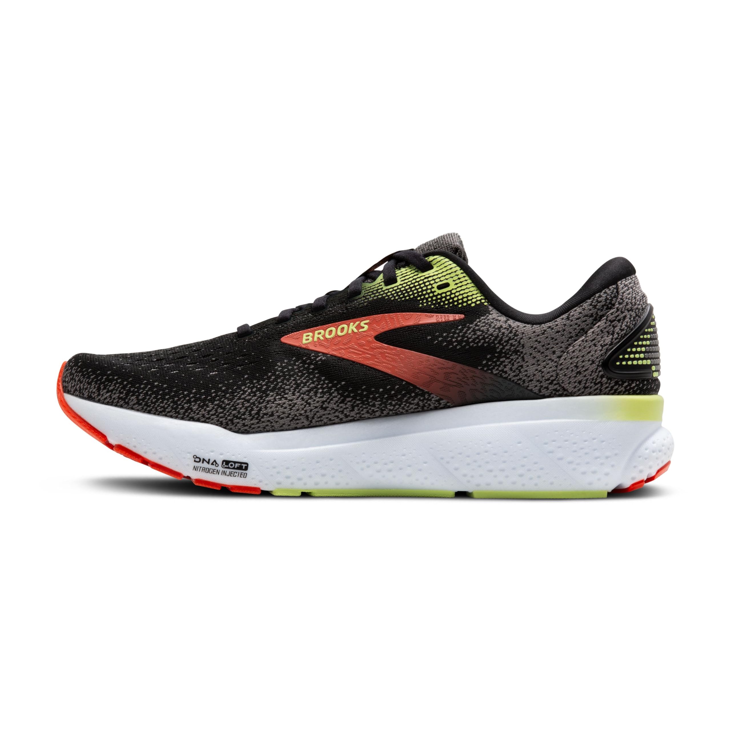 Brooks Mens Ghost 16 Neutral Running Shoe - Black/Mandarin Red/Green - 12.5 Medium