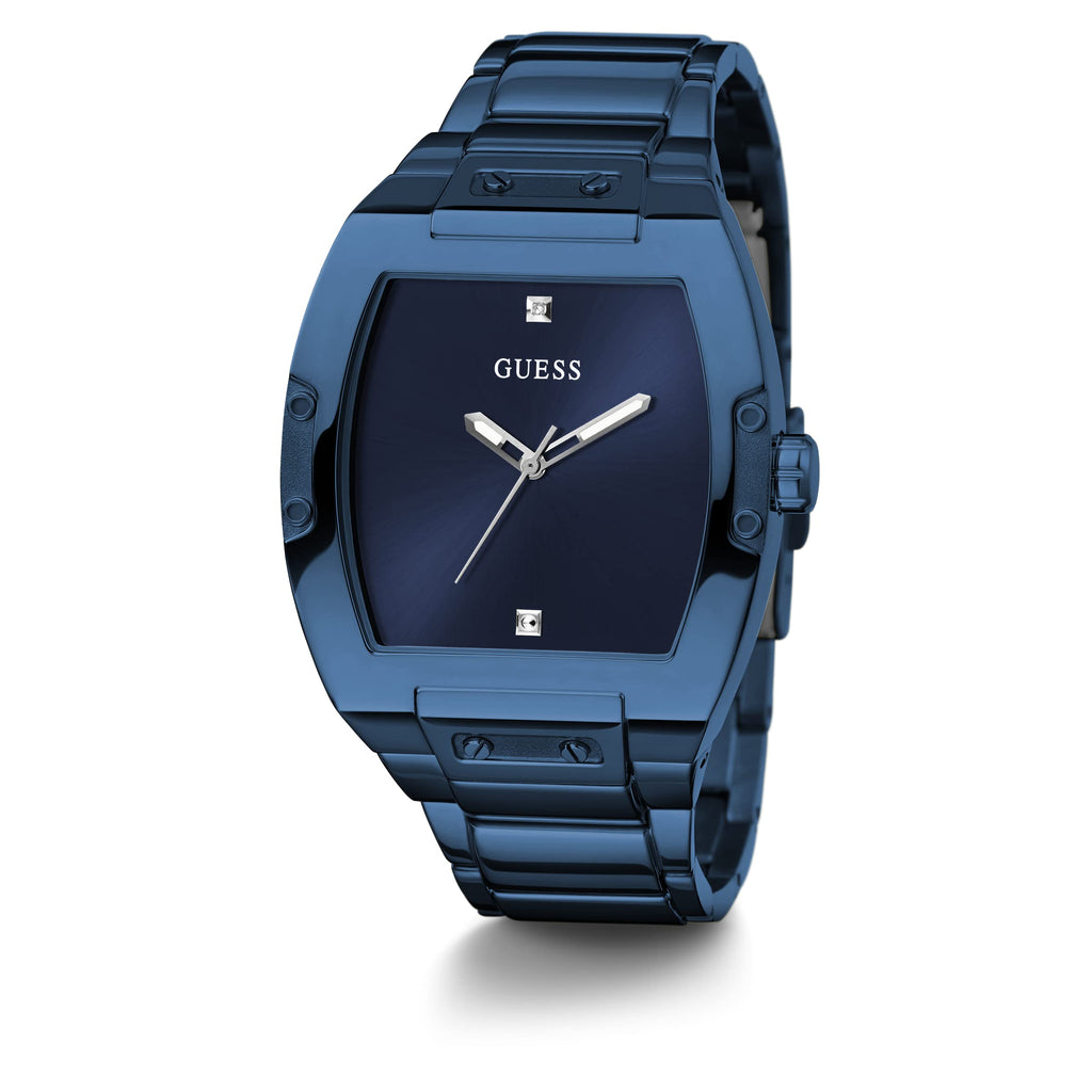 GUESS Men's Trend Casual Tonneau Diamond 43mm Watch - Blue Dial Stainless Steel Case & Bracelet